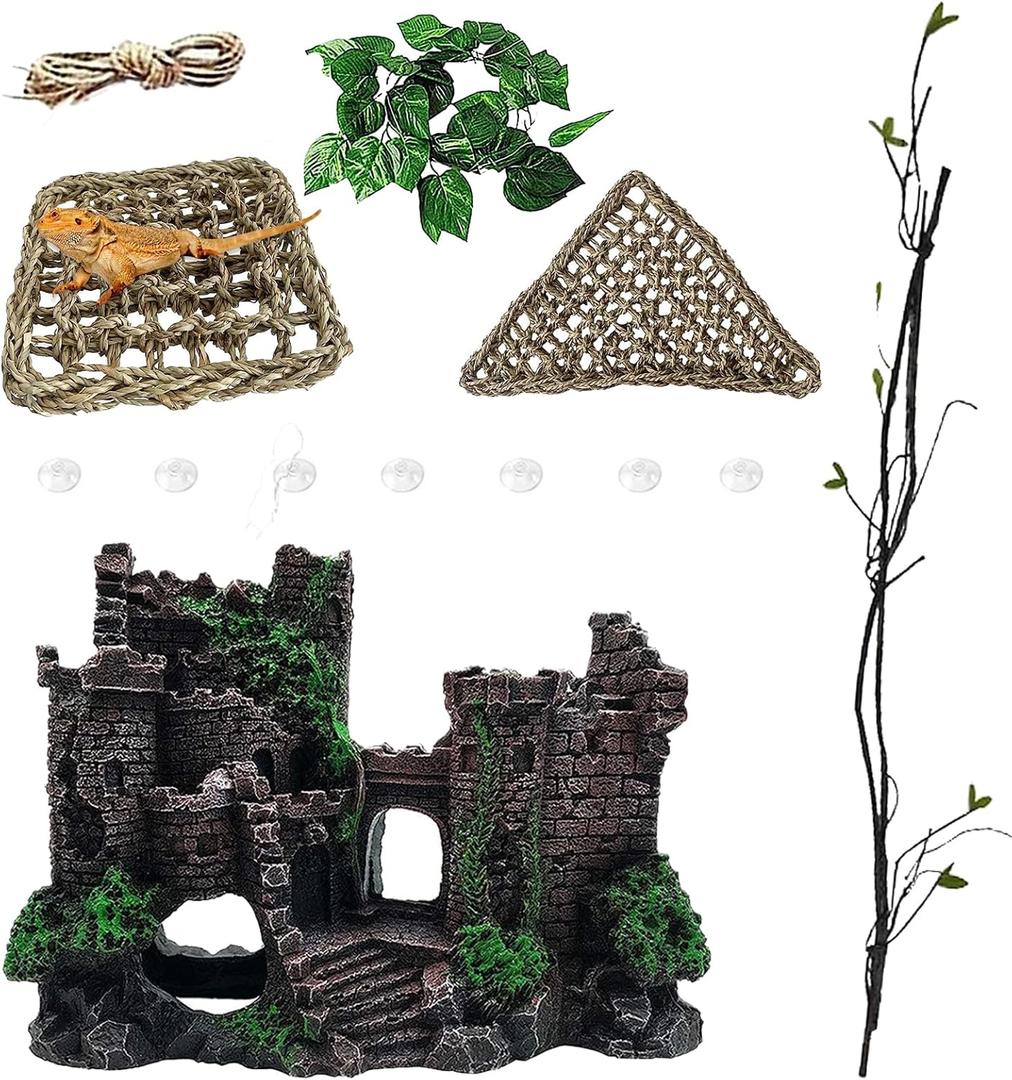 Tank Accessories for Bearded Dragon Include Resin Classical Castle Reptile Hammocks Climb Habitat Hanging Jungle Vines Flexible Leaves Climbing Decor for Chameleon Lizard Gecko Spider(5 PCS)