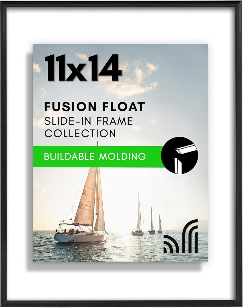 Americanflat 11x14 Floating Picture Frame with Shatter-Resistant Glass - Fits 8x10 Photos or Smaller - Slide-In Photo Frame - Fusion Float Collection - Floating Frames for Tabletop or Wall - Black