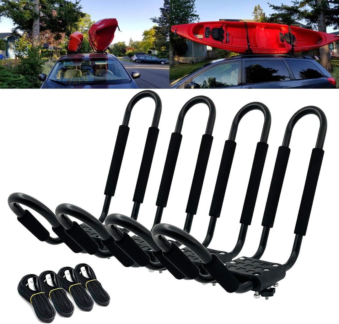 Kayak Roof Rack for 2 Kayaks Carrier, Kayak J Bar Hooks Roof Mount Racks for Universal Cars, SUV, Truck, Set of 4