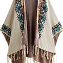 Women's Graphic Fringe Shawl Tassel Ponchos Cape Boho Oversized Western Cardigan Sweater (Beige) One Size