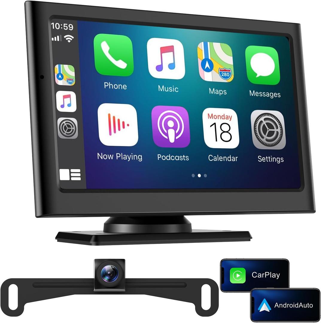 Wireless Apple Carplay Screen for Car:Sunlight Readable 7.2" HD Touchscreen with Wireless Android Auto,Backup Camera,Portable Carplay with Voice Control,AUX,FM Transmitter for Most Vehicle