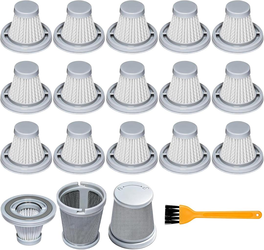 16 Pcs Vacuum Filter Replacement Compatible with Slim V8 Mate, Slim V8 Apex, Slim V10 Mate Cordless Car Vacuum Cleaner, 2 Stainless Steel Pre-filter, 16 Washable Hepa Filters, 1 Cleaning Brush