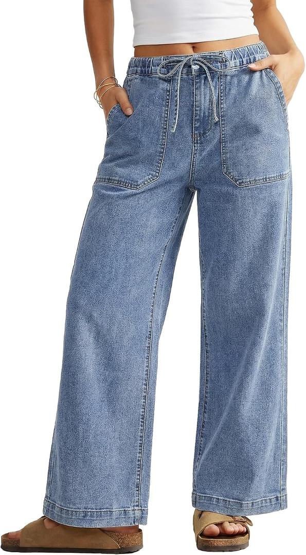 GRAPENT Wide Leg Jeans for Women Trendy High Waisted Drawstring Tie Elastic Waist Stretchy Denim Pants Trouser Jeans (Blue, L)