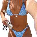 MakeMeChic Women's Tropical Boho Triangle Thong Bikini Sets Zebra Cheetah Bathing Suit Swimsuits (Blue, M)