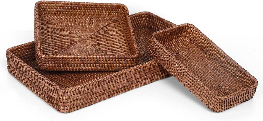 Rattan Serving Tray, Rectangular Woven Tray, Natural Wicker Decorative Serving Baskets for Organizing Tabletop Bathroom Kitchen Counter (Dark Brown)