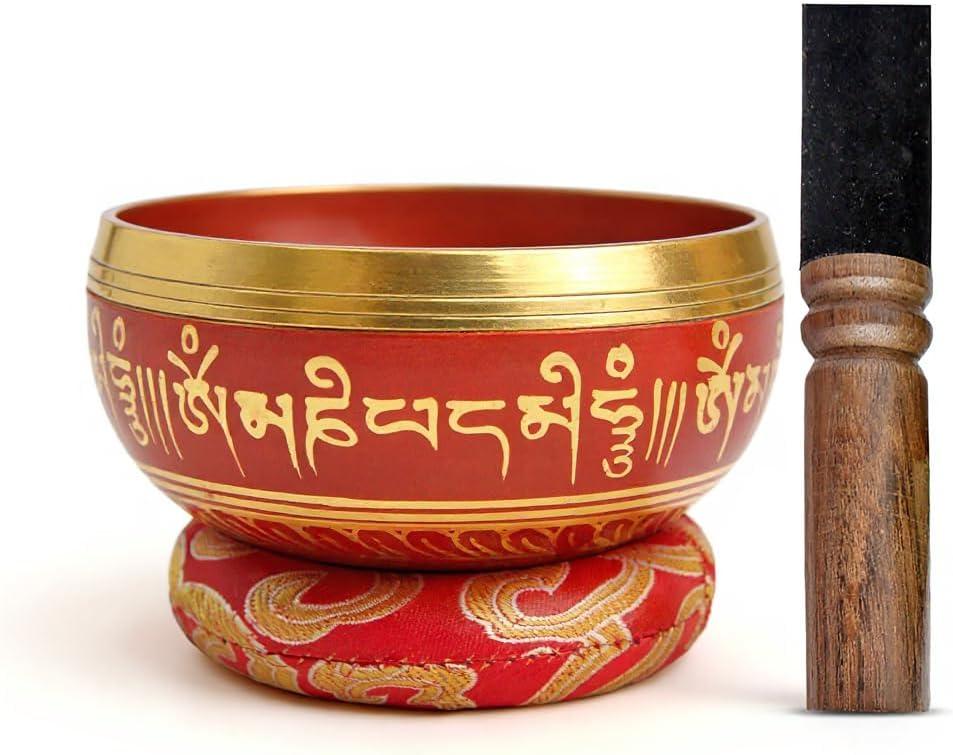 Tibetan Singing Bowl Set Brass - Master Healing Grade - Authentic Handcrafted Sound Bowl by Himalayan Bazaar (Red)