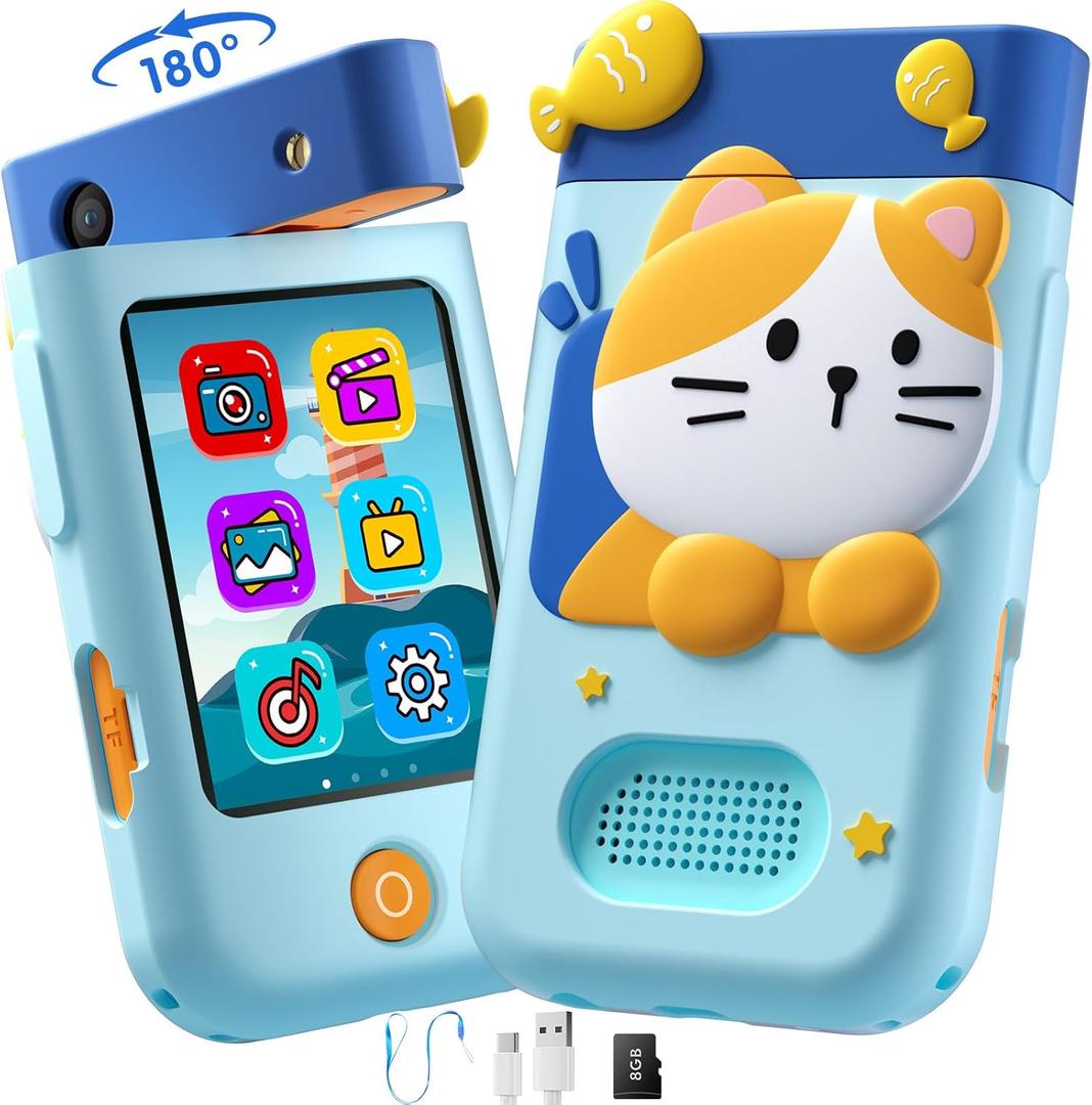 Kids Smart Phone Toys for Boys, Christmas Birthday Gifts for Girls Boys Ages 310, Touchscreen Toddler Learning Play Toy Phone with Rotating Camera, Game, Music Player, 8GB SD Card(Blue Cat)