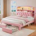 Full LED Bed Frame with Storage Headboard & 2 Storage Drawers, Princess Velvet Upholstered Bed with Vertical Tufted Headboard Design for Girls, USB & Type-C Charging Ports, Wooden Slats Support, Pink