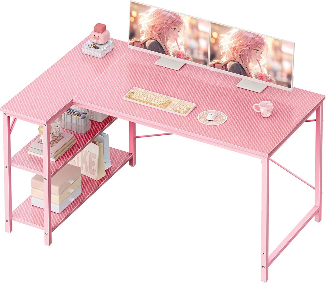 Huuger L Shaped Desk, 47 Inches Computer Desk with Reversible Storage Shelves, Gaming Desk, Corner Desk Home Office Desks, Writing Study Desk with Metal Frame, Pink