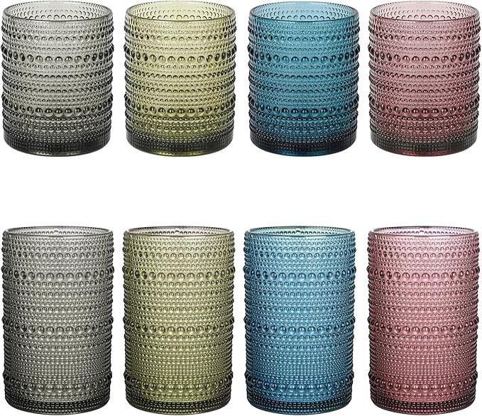 Khen Hobnail Beaded Highball Drinking Tumbler Glasses | Set of 4 | Color, Vintage Bubble Design Whiskey Glassware, Old-Fashioned, Embossed Design for Water, Wine, Cocktail Embossed, Rocks Glass (12pcs)