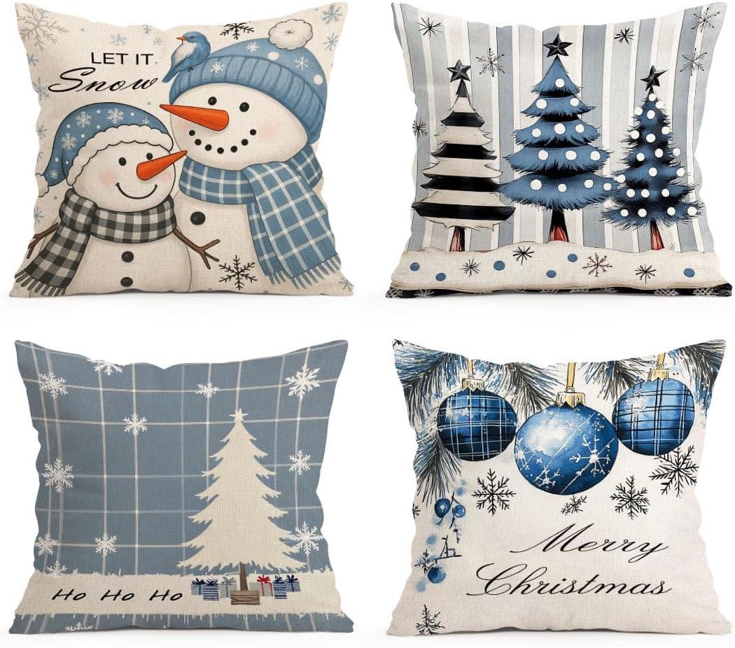 BEWQ Blue Chritstmas Pillow Covers 18X18 inch Set of 4, Chritstmas Tree Snowman Outdoor Throw Pillow Cases Decorative Cushion Covers for Home Couch Sofa Car Winter Decor
