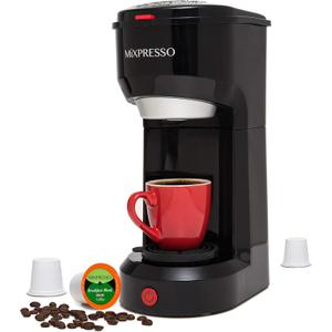 Mixpresso 2-in-1 Coffee Maker  Single Serve & Ground Coffee Brewer, Compact Personal Coffee Machine for Pods & Loose Grounds, Quick Brew 14 oz Portable Small Coffee Maker, Black