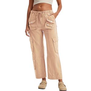 Cargo Pants for Women Low Rise Drawstring Waist 7 Pockets Hiking Work Wide Leg Pants with Zipper Button Closure Khaki