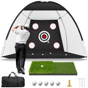 MUVPOH Golf Net: 10x7ft Golf Practice Net for Backyard Chipping Driving with Dual-Turf Golf Hitting Mat, All-in-1 Outdoor Indoor Golf Hitting Net with Multiple Targets, Golf Aid for Men/ Golf Lovers