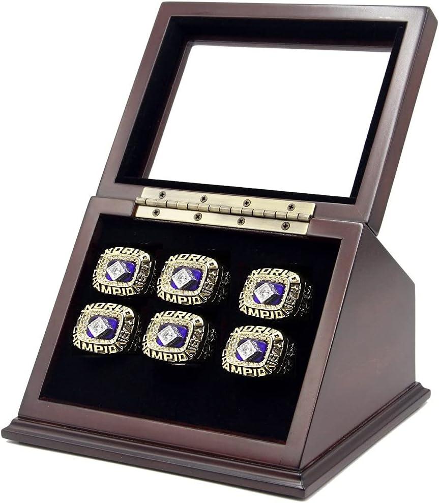 6-Slot Wooden Display Case Shadow Box with Slanted Glass Window for Sports Championship Rings - Rings Not Included