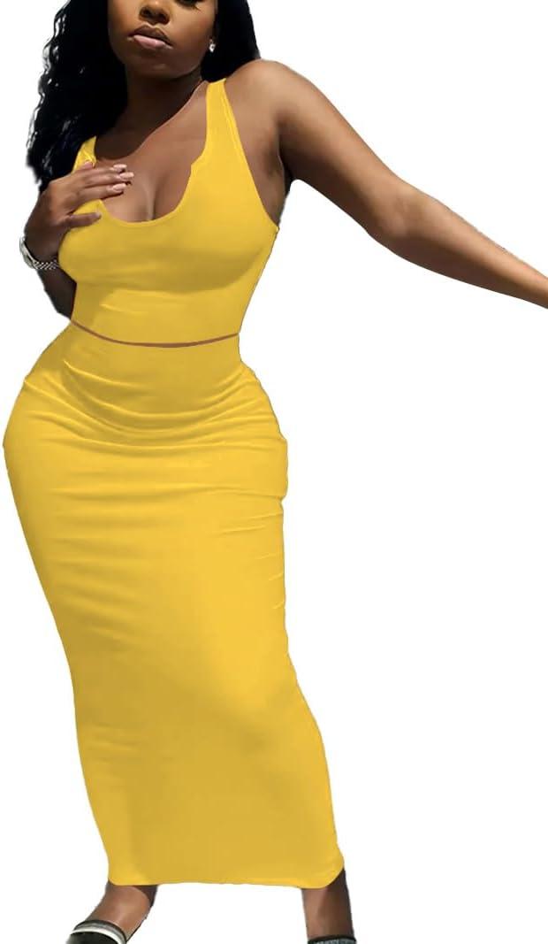 Nimsruc 2 Piece Outfits for Women Sexy Bodycon Skirt Set Summer Casual Matching Sets (Yellow, S)