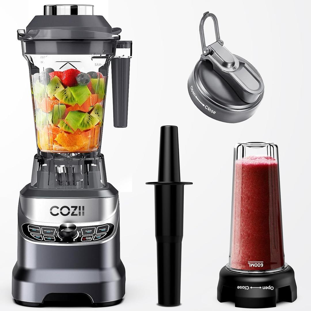COZII Professional Blender 2000W, Smoothie Countertop Blenders for Kitchen, 64 Oz Pitcher/21-Oz To-go Cup, 7 Preset Programs for Ice Crush/Frozen Drinks/Dips/Nut Butter, High Speed, Dishwasher Safe (Grey)