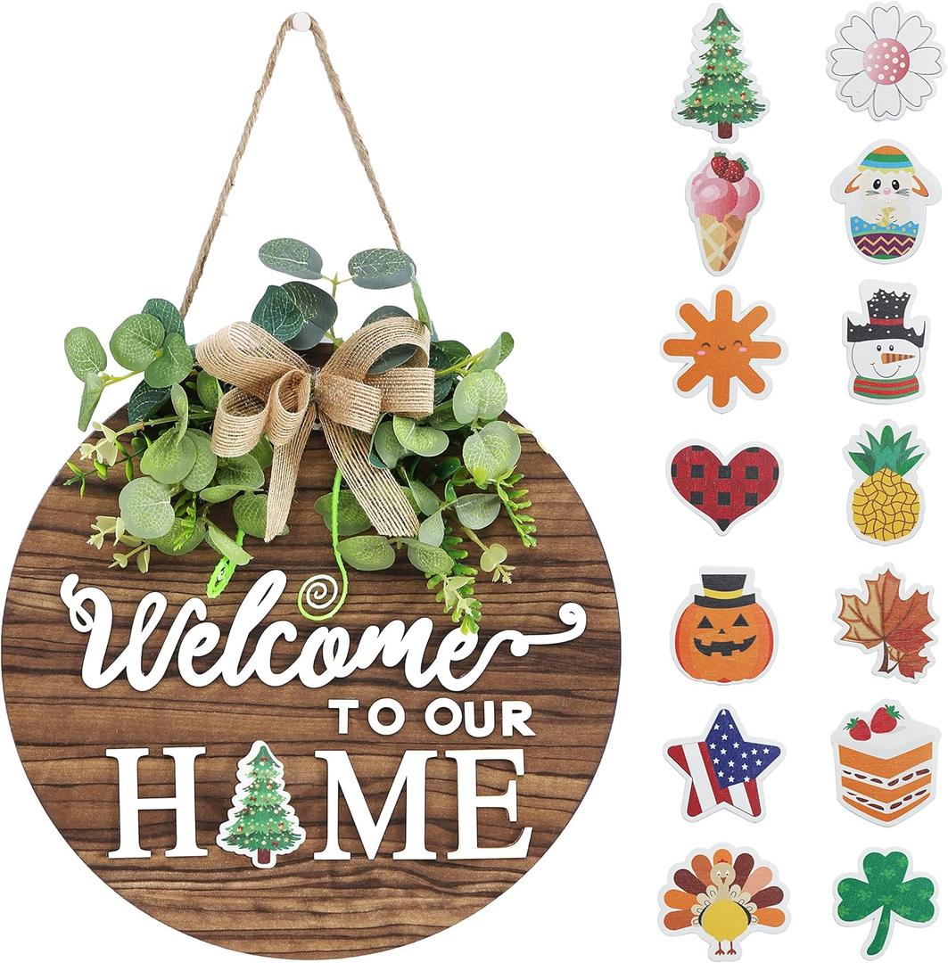 Interchangeable Seasonal Welcome Sign Front Door Decoration, Rustic Round Wood Wreaths Wall Hanging Outdoor, Farmhouse, Porch, for Spring Summer Fall All Seasons Holiday Halloween Christmas. (12 Inch, 01blown)