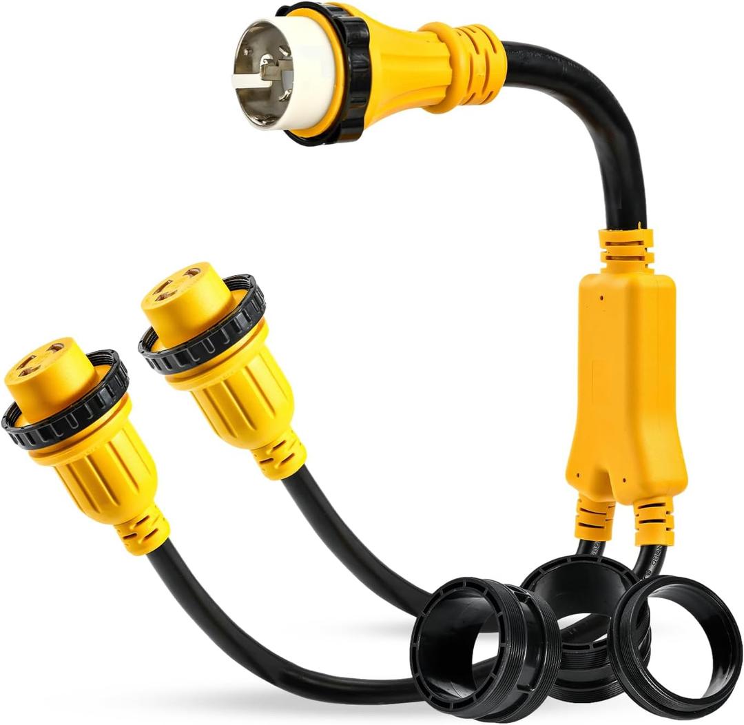 Marine Shore Power Y Splitter SS2-50P Male 50A to (2) 30A L530R Female, 50 Amp 125/250V SS2-50P to L5-30R Y Adapter w/Locking Ring & Collar, 50A to Dual 30A Shore Power Cord, STW 10 AWG, 3FT