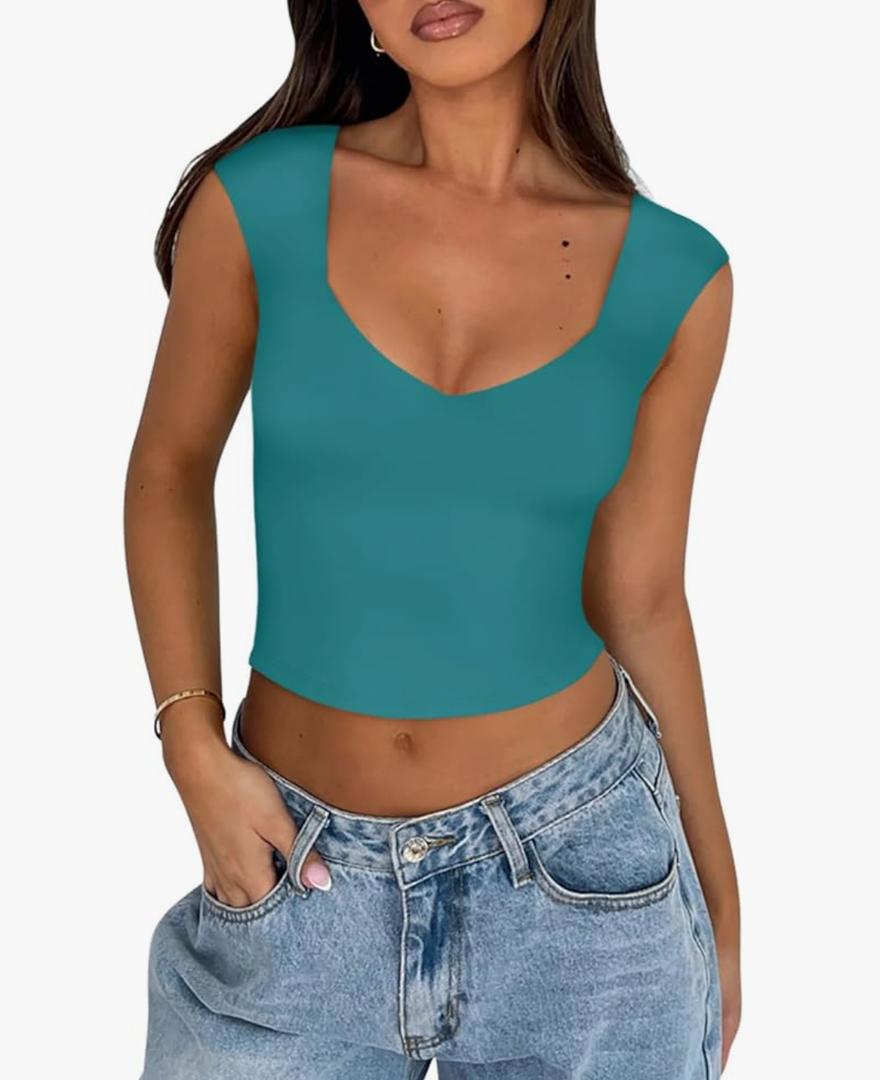 REORIA Women's Trendy Butsmooth® Sexy Casual V Neck Double Lined Sleeveless Slimming Going Out Crop Tank Top, Size XXL