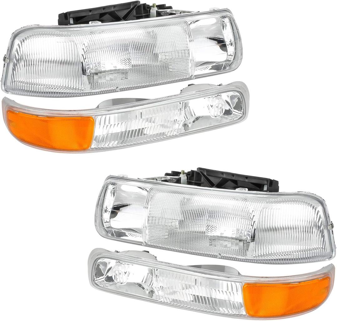 A&P 4PCS Headlight Assembly Chrome Housing Clear Lens For Chevy 00-06 Tahoe Suburban 1500 2500/99-02 Silverado 1500 2500/01-02 Silverado 1500HD 2500HD 3500