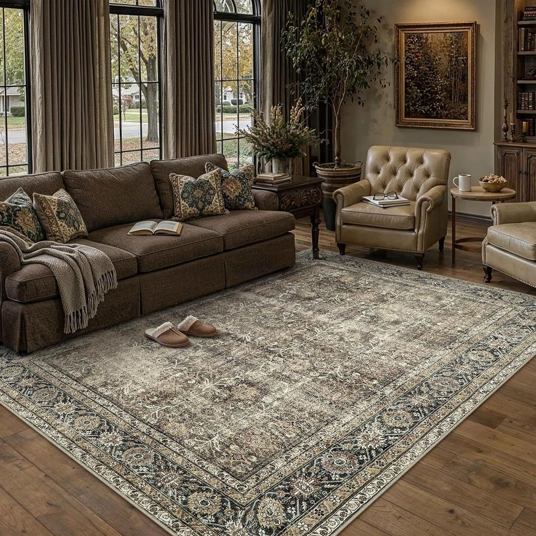 Vintage Area Rug 5x8 Brown Washable Living Room Large Carpet Non Slip Bedroom Indoor Office Low Pile Traditional Distressed Retro Accent Rug for Dining Room Bathroom Kitchen