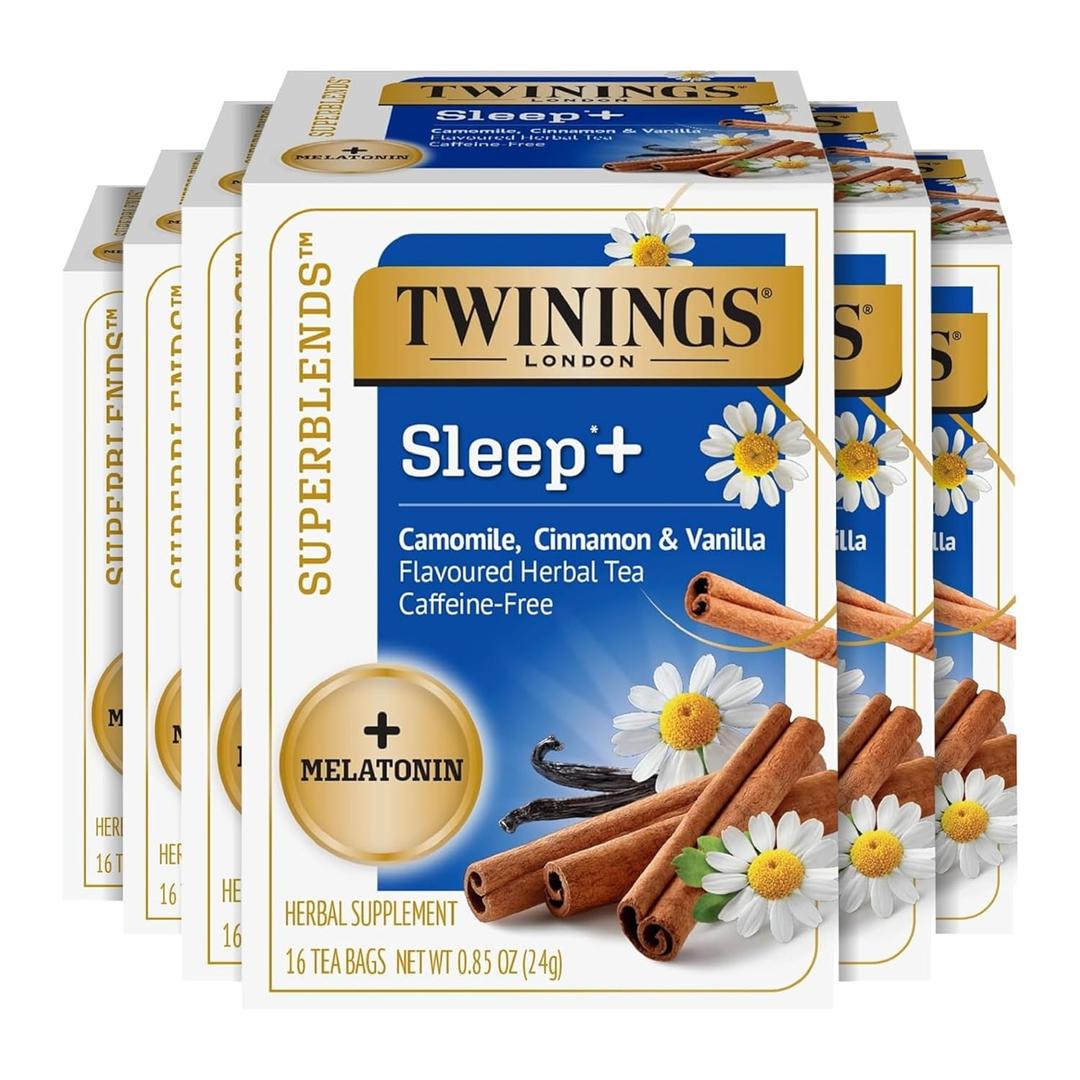 Twinings Superblends Sleep+ Herbal Tea with 1mg Melatonin, Camomile, Cinnamon & Vanilla, Naturally Caffeine-Free, 16 Tea Bags (Pack of 6), 96 Teabags (EXP 01/25/27)