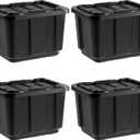 IRIS USA 12 Gallon Heavy Duty Truck Bed Toolbox Storage Tote Bins with Lids, 4 Pack - Made in USA, Tough Snap On Lockable Lid Stackable Industrial Rugged Tubs, Garage Organization Box - Black (1 bin missing, no lids)