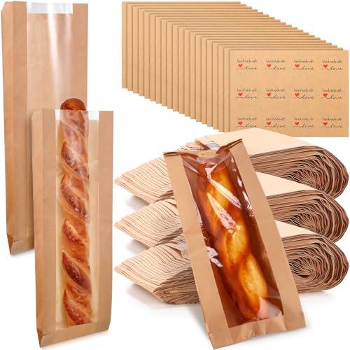 Thenshop 120 Pieces Paper French Bread Bags with Seal Stickers Baguette Bags for Homemade Brown Bread with Clear Window Kraft Loaf Bakery Storage Sacks Long Biscuits Packaging Bulk 6.5 x 2 x 18 Inch