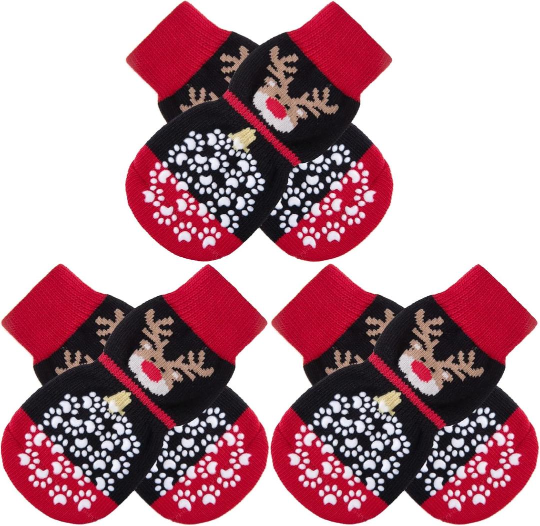 EXPAWLORER 6PCS Anti-Slip Dog Socks to Prevent Licking Paws,Dog Shoes for Hot Pavement,Best Paw Protector Traction Control on Hardwood Floor,Dog Booties for Puppy Small Medium Large Senior Dogs (Christmas Red and Black)