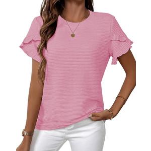 Spring Summer Women's Casual Tops, Cute Ruffle Short & Long Sleeve Crew Neck Blouses, Soft Textured Relaxed Fit Shirts, XXL