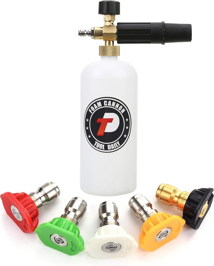 Tool Daily Foam Cannon with 1/4 Inch Quick Connector, 1 Liter, 4 Pressure Washer Nozzle Tips