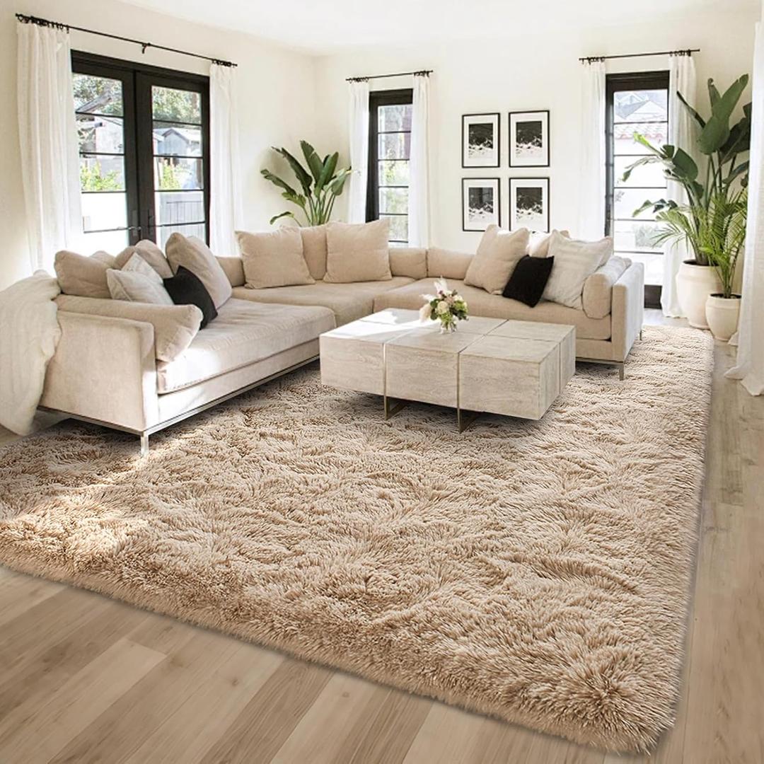 FinRec 6x9 Feet Tan Rugs for Living Room Bedroom, Fluffy Plush Area Rug, Non-Slip High Pile Shaggy Rug for Kids Room Dorm Room Home Decor, Indoor Solid Shag Floor Carpet