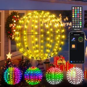 Smart Christmas Ball Lights, 12 Inch Outdoor/Indoor Hanging Tree Lights App Control, DIY RGB Colors, Music Sync, Timer LED Foldable Metal Sphere Light for Holiday Decor, Patio, Wedding Decor