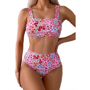 Fanuerg Women's High Waisted Bikini Sets Wide Straps Two Piece Swimsuit Floral Print Bathing Suits (Medium)