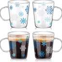 Baderke Set of 4 Snowflake Glass Coffee Mugs 12 oz Borosilicate Glass Cups with Handle Clear Winter Holiday Coffee Cups White Blue Snowflake Mugs for Drinking Beverages Latte Hot Chocolate