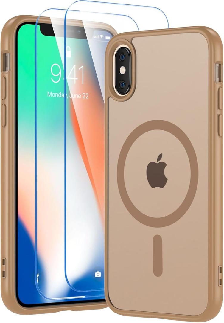 for iPhone X XS Case, Case for iPhone X with Screen Protector, Phone Case for iPhone Xs, Compatible with Magsafe, Magnetic Military Grade Shockproof and Dropproof Xs Phone Case, Gold