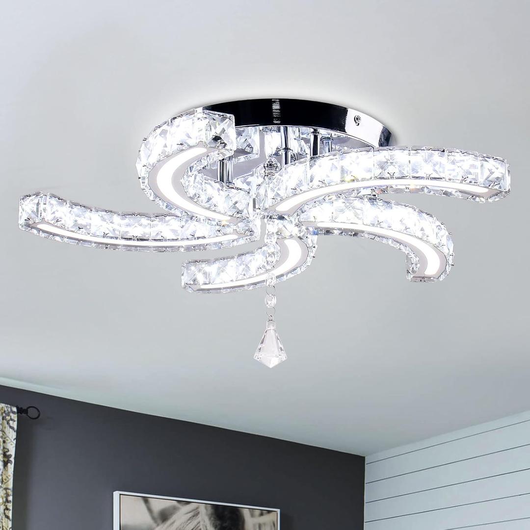 FRIXCHUR 19.7" Modern Crystal Chandelier Led Ceiling Light 5 Arms Acrylic Light Fixture Flush Mount Chandelier for Dining Room Bedroom Kitchen,Cool White