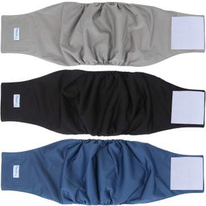 Teamoy 3 Pack Male Dog Diaper Wrap with Gray Lining, Washable Puppy Belly Bands, Super-Absorbent and Comfortable(L2,20-24" Waist) (Black+gray+dark Blue(gray Lining))