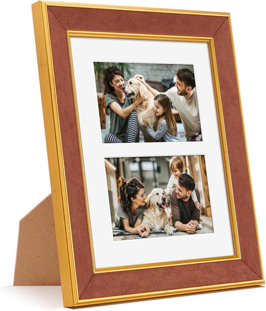 Suede 8x10 Picture Frame Display 2 Opening 4x6 Double Picture Frames Collage Wall Decor with Mat, Multi Photo Frame for Plexiglass, Wall or Tabletop Decor, 1Pack, Brown