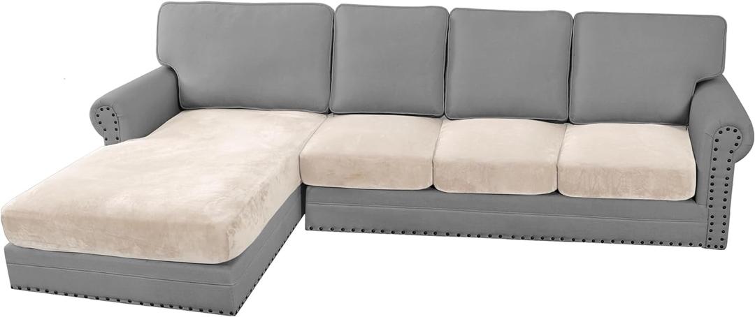H.VERSAILTEX Velvet Stretch Sectional Couch Covers - 4 Piece Sofa Seat Cushions for L Shape Sectional Couch (Large 3 Seater + 1 Chaise, Ivory)