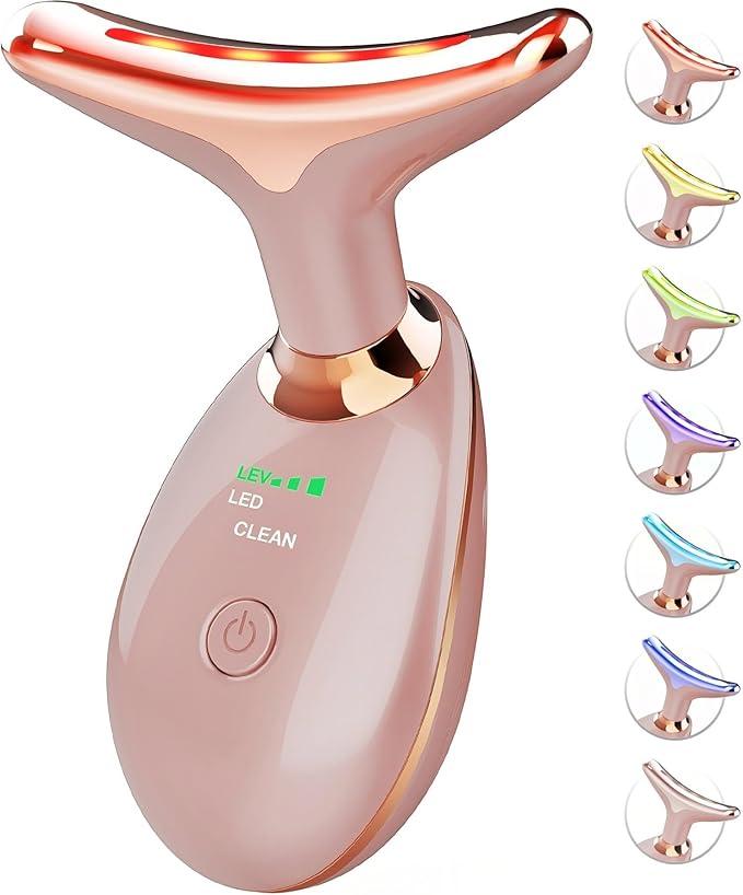 Red Light Therapy for Face and Neck, 7 Color Face Massager Tool for Wrinkles, Double Chin, Vibrating Facial Massager with Thermals for Skin Care, Rose Gold
