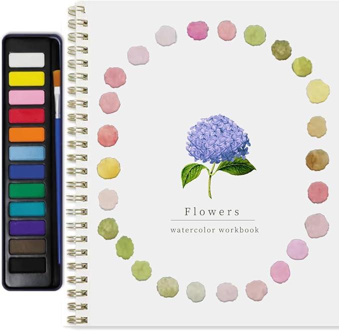 XZGTAND Beginner Watercolor Painting Kit – 12 Colors Paint Set with Brush, AnimalThemed Art Supplies for Adults & Teens (Flower)