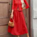 Tankaneo Womens 2 Piece Skirt Sets 3/4 Sleeve Knit Cardigan Elastic Waist Midi Skirt Outfits Casual Matching Dress Set (Red, M)