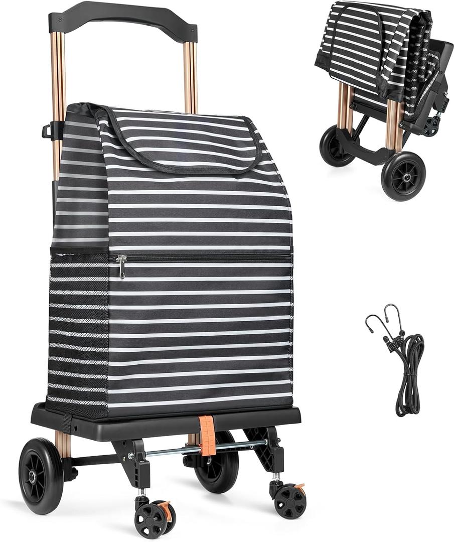2-in-1 Shopping Cart for Groceries, Lightweight Aluminum Grocery Cart on Wheels and 50L Removable Waterproof Shopping Bag for Moving, Camping (Black)