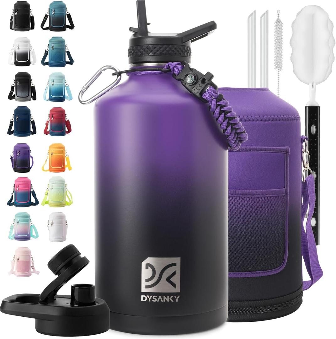 1 Gallon Water Bottle Insulated | Thickened Stainless Steel Vacuum Metal Water Jug | Portable Sports Large for Gym and Hiking with Straw, Carrier Bag, Handle Strap | BPA-Free 128 oz (Purple/Black)