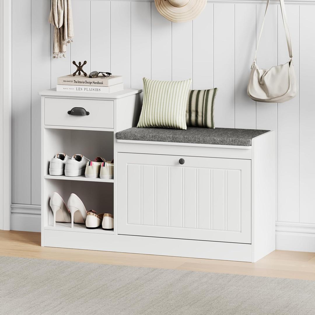 Shoe Storage Bench, Modern Wooden Shoe Cabinet with Flip Drawer and Adjustable Shelf, Entry Way Bench with Padded Seat Cushion for Entryway, Hallway, Living Room,Off-White
