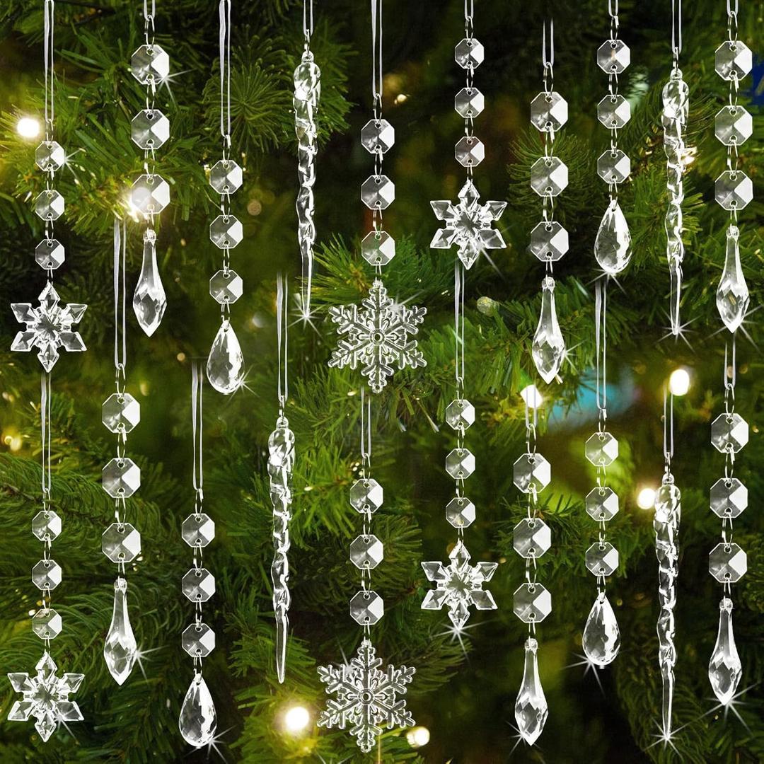 18pcs Christmas Tree Decoration Crystal Ornaments - Hanging Acrylic Christmas Snowflake Icicle Drop Crystal Ornaments for Xmas Tree Winter New Year Party Supplies (Clear)