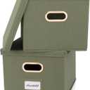 ZICOTO Decorative File Organizer Box Set of 2 - Collapsible Linen Filing Cabinets w/Handles Are Perfect to Store all Your Documents & Hanging File Folders - Portable Easy Slide Crates with Lid (Sage)