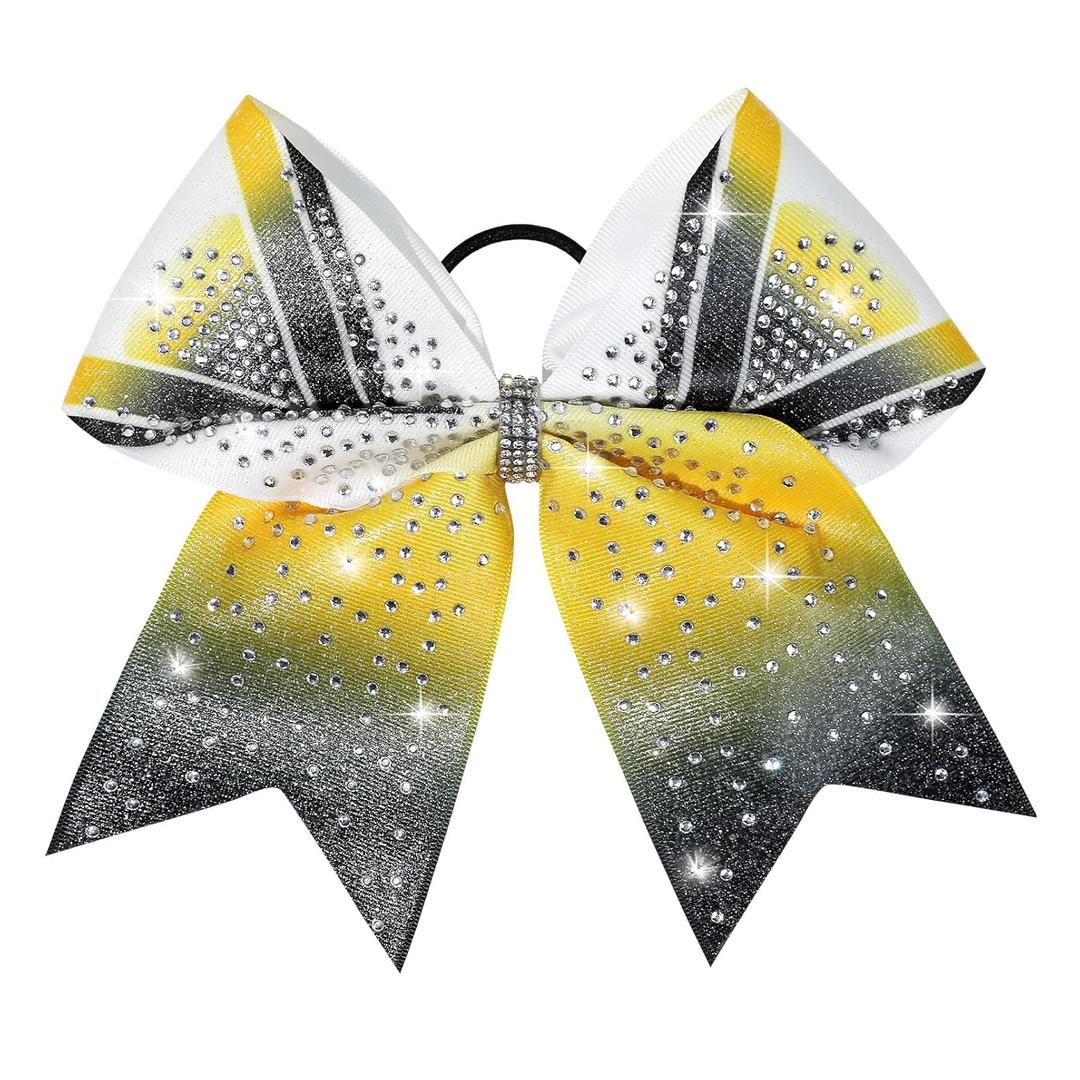 DEEKA 1 PCS 8" Large Glitter Cheer Bows with Iridescent Rhinestones Colorful Stiff Hair Elastic Band Ponytail Holder for Cheerleader Girls Sports (White/Yellow/Black)